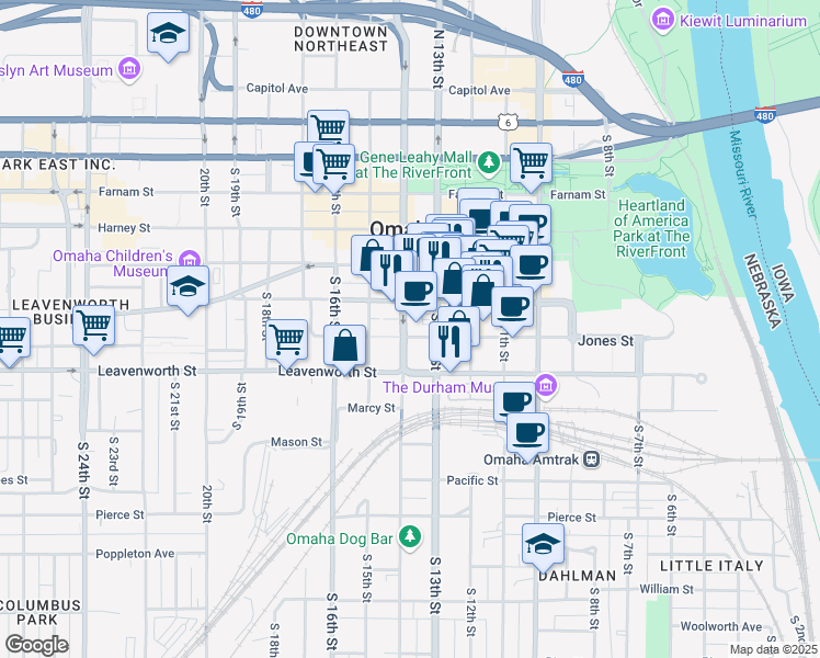map of restaurants, bars, coffee shops, grocery stores, and more near 1315 Jones Street in Omaha