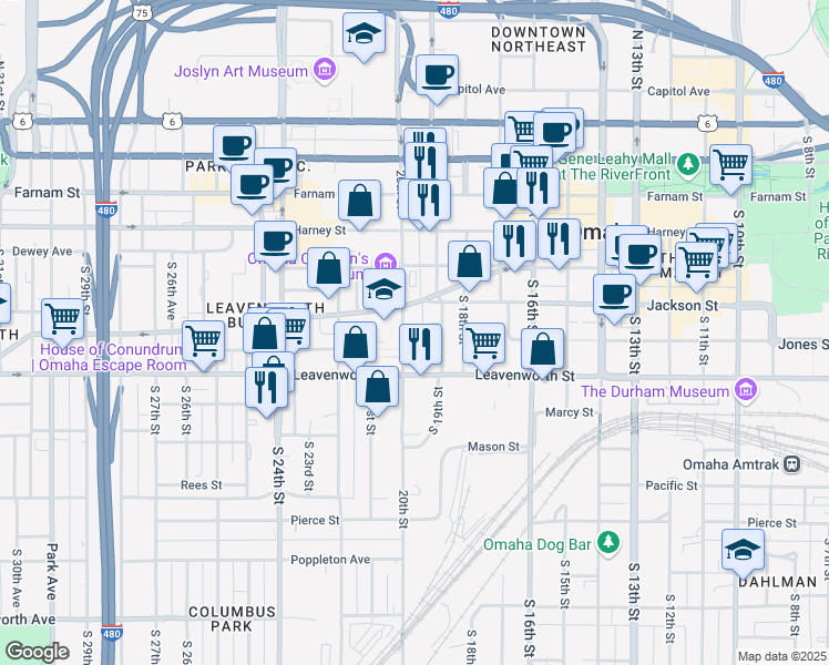 map of restaurants, bars, coffee shops, grocery stores, and more near 651 South 19th Avenue in Omaha