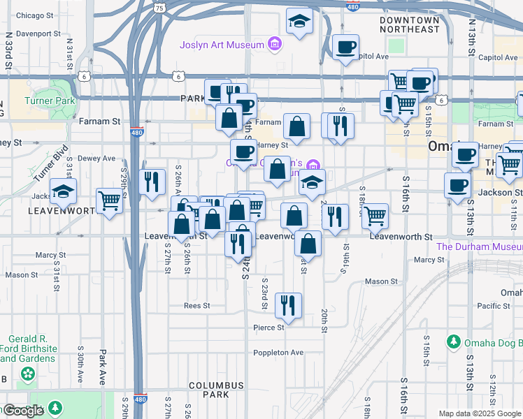 map of restaurants, bars, coffee shops, grocery stores, and more near 2221 Jones Street in Omaha