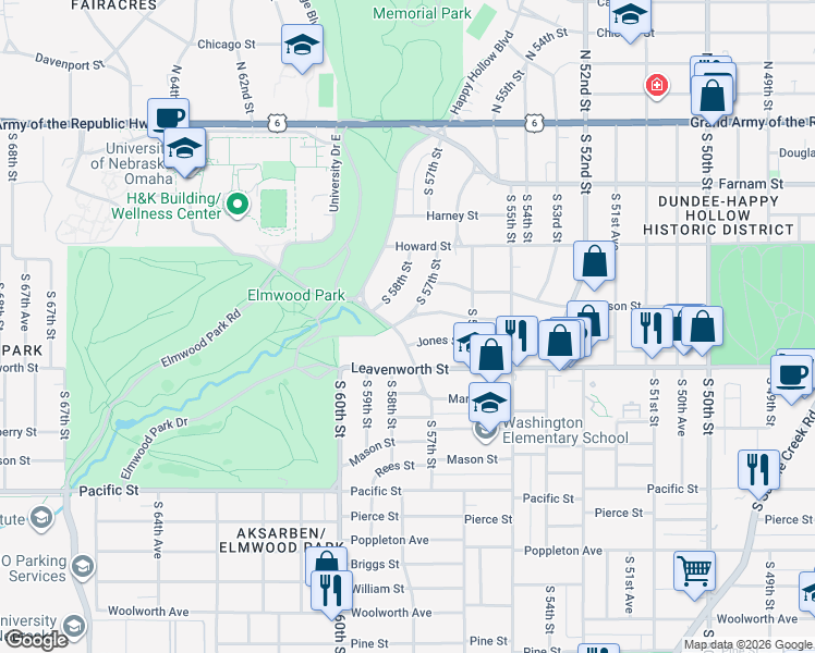 map of restaurants, bars, coffee shops, grocery stores, and more near 5639 Jones Street in Omaha