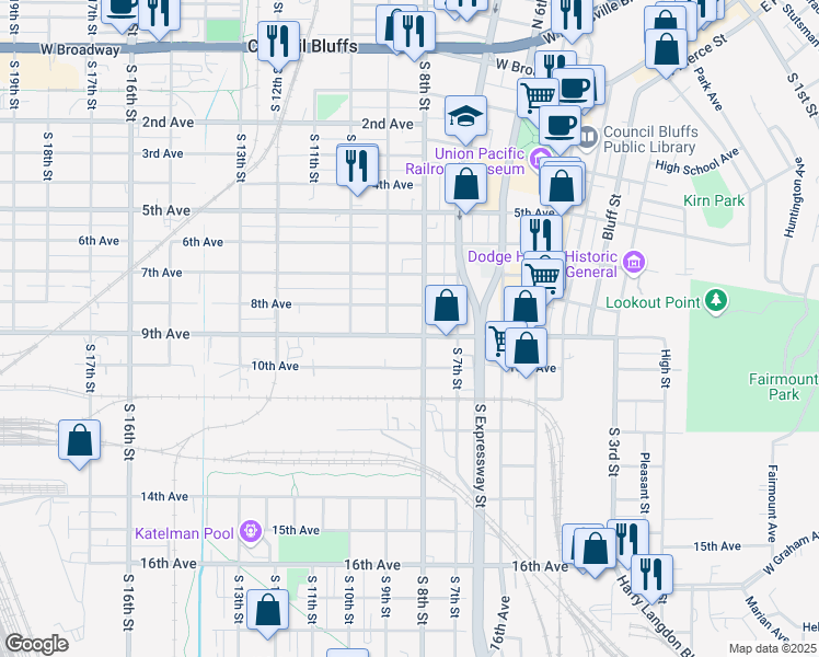 map of restaurants, bars, coffee shops, grocery stores, and more near 721 9th Avenue in Council Bluffs