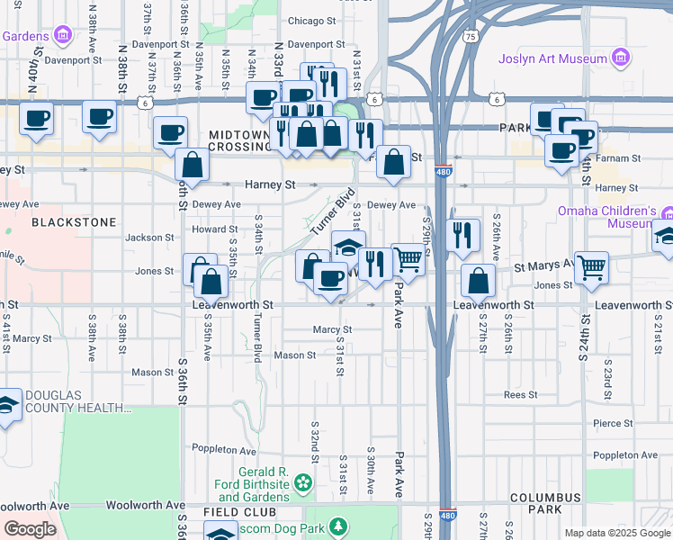 map of restaurants, bars, coffee shops, grocery stores, and more near 617 South 31st Avenue in Omaha