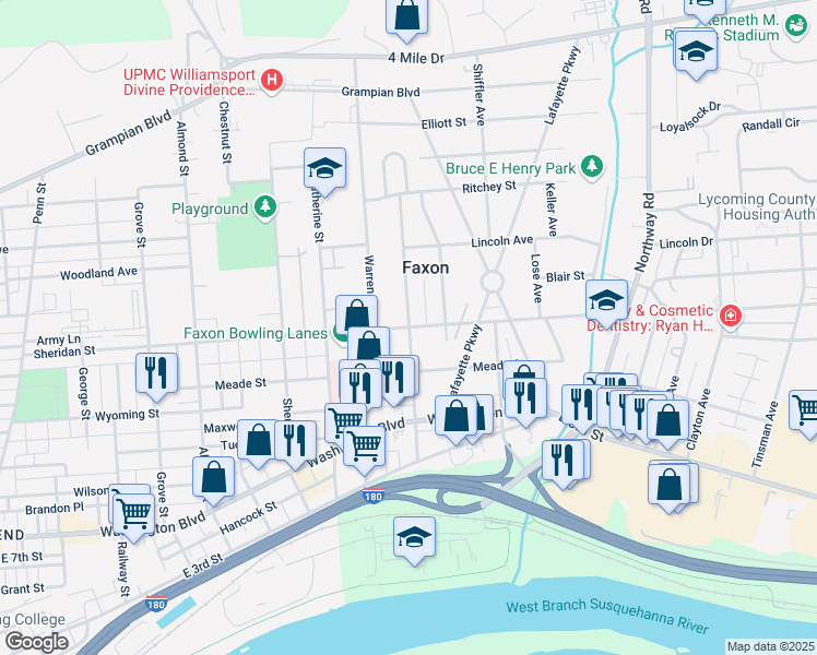map of restaurants, bars, coffee shops, grocery stores, and more near 1299 Pennsylvania Avenue in Williamsport