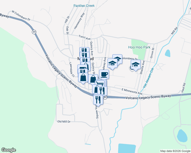 map of restaurants, bars, coffee shops, grocery stores, and more near 300 Quincy Street in McCloud