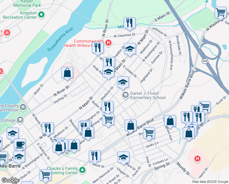 map of restaurants, bars, coffee shops, grocery stores, and more near 321 Madison St in Wilkes-Barre