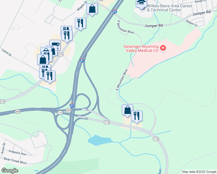 map of restaurants, bars, coffee shops, grocery stores, and more near 546 Wildflower Drive in Wilkes-Barre