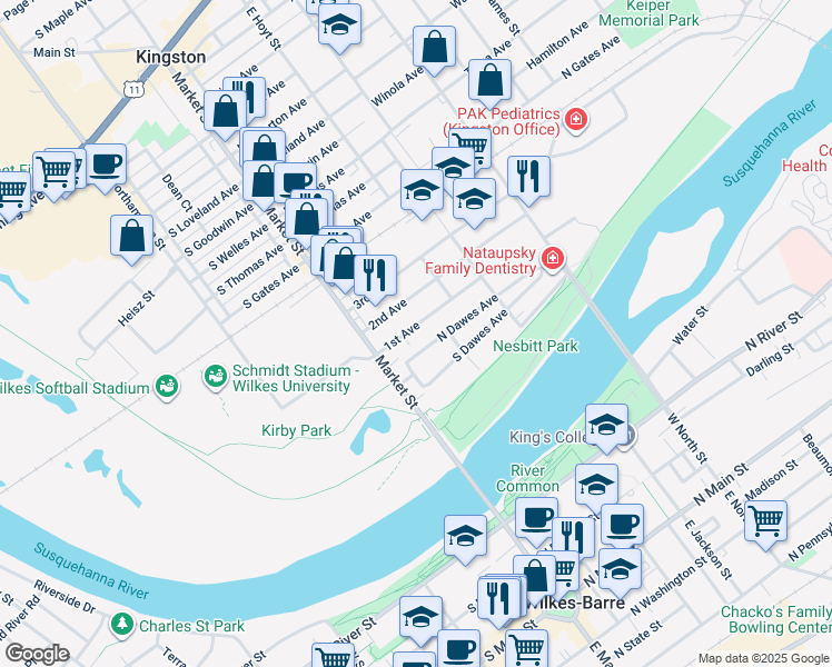 map of restaurants, bars, coffee shops, grocery stores, and more near 21 N Dawes Ave in Kingston