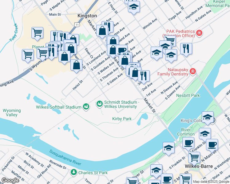 map of restaurants, bars, coffee shops, grocery stores, and more near 342 Northampton Street in Kingston
