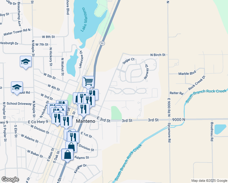map of restaurants, bars, coffee shops, grocery stores, and more near 235 Jan Drive in Manteno