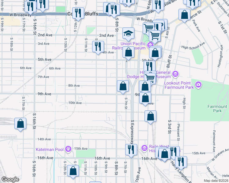 map of restaurants, bars, coffee shops, grocery stores, and more near 721 9th Avenue in Council Bluffs