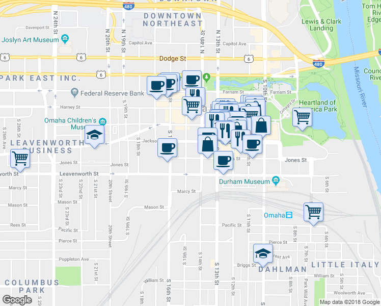 map of restaurants, bars, coffee shops, grocery stores, and more near 707 South 15th Street in Omaha