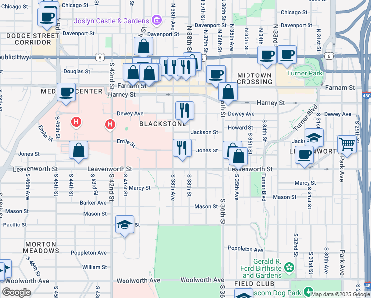 map of restaurants, bars, coffee shops, grocery stores, and more near 3819 Jones Street in Omaha