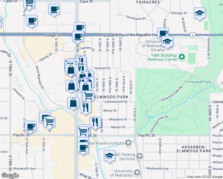 map of restaurants, bars, coffee shops, grocery stores, and more near 740 South 68th Avenue in Omaha