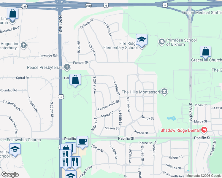 map of restaurants, bars, coffee shops, grocery stores, and more near 530 South 198th Street in Omaha