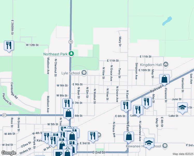 map of restaurants, bars, coffee shops, grocery stores, and more near 400-430 East 9th Street in Kewanee