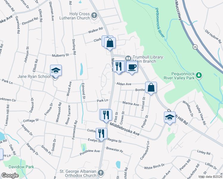 map of restaurants, bars, coffee shops, grocery stores, and more near 5771 Main Street in Trumbull