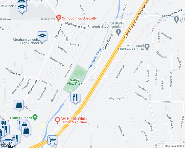 map of restaurants, bars, coffee shops, grocery stores, and more near 16 Valley View Dr in Council Bluffs