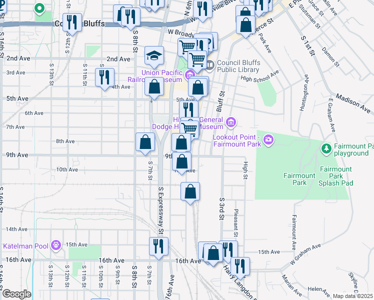 map of restaurants, bars, coffee shops, grocery stores, and more near South Main Street in Council Bluffs