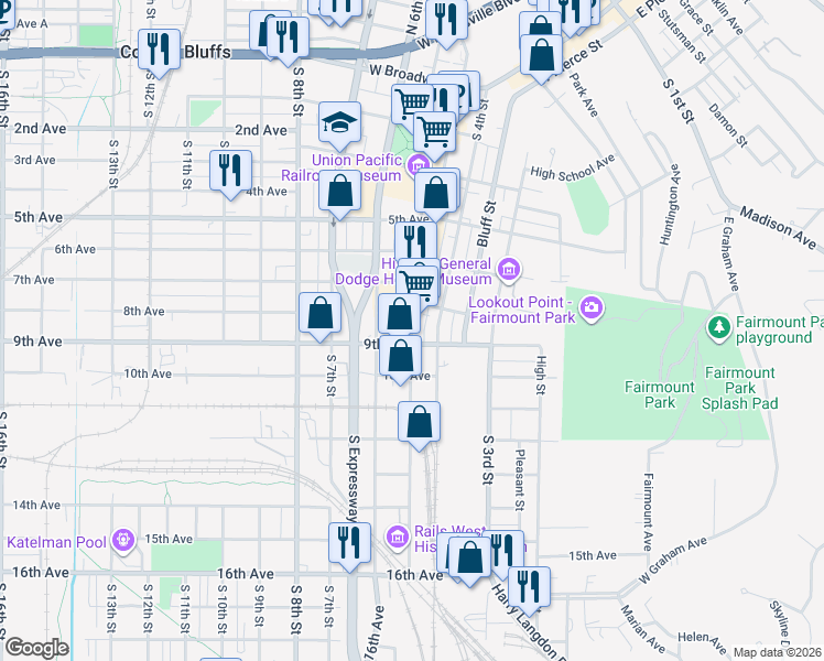 map of restaurants, bars, coffee shops, grocery stores, and more near South Main Street in Council Bluffs
