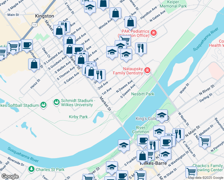 map of restaurants, bars, coffee shops, grocery stores, and more near 48 1st Avenue in Kingston