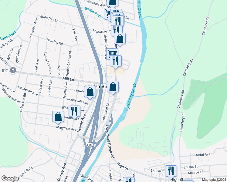 map of restaurants, bars, coffee shops, grocery stores, and more near 1950 Mill Lane in Williamsport