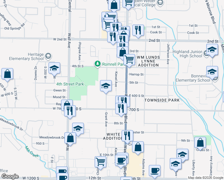 map of restaurants, bars, coffee shops, grocery stores, and more near 500 Grant Avenue in Ogden