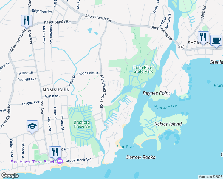 map of restaurants, bars, coffee shops, grocery stores, and more near 215-255 Mansfield Grove Road in East Haven
