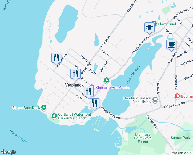 map of restaurants, bars, coffee shops, grocery stores, and more near 1 James Street in Verplanck