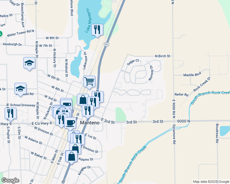 map of restaurants, bars, coffee shops, grocery stores, and more near 585 North Birch Street in Manteno