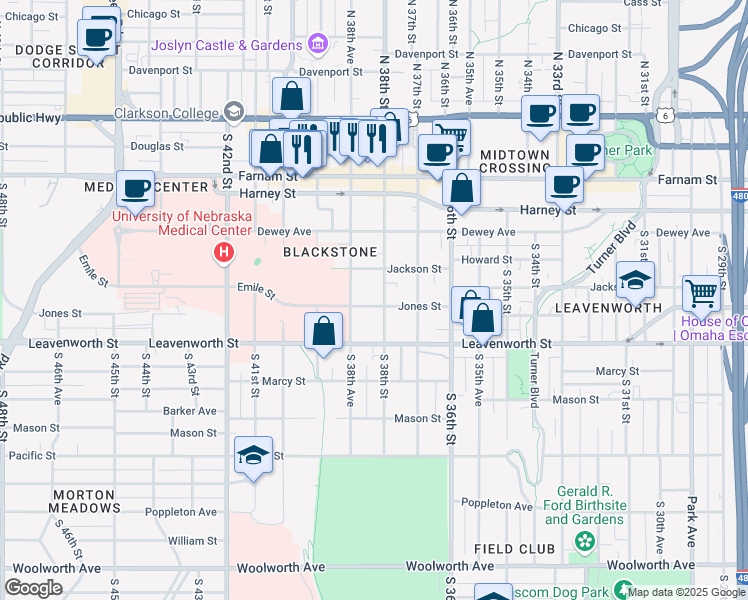 map of restaurants, bars, coffee shops, grocery stores, and more near 605 South 38th Avenue in Omaha