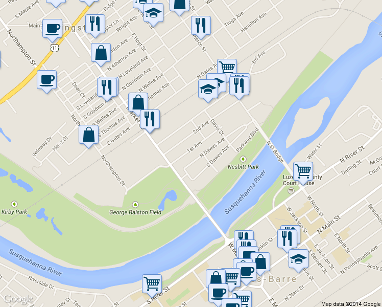 map of restaurants, bars, coffee shops, grocery stores, and more near 48 1st Avenue in Kingston