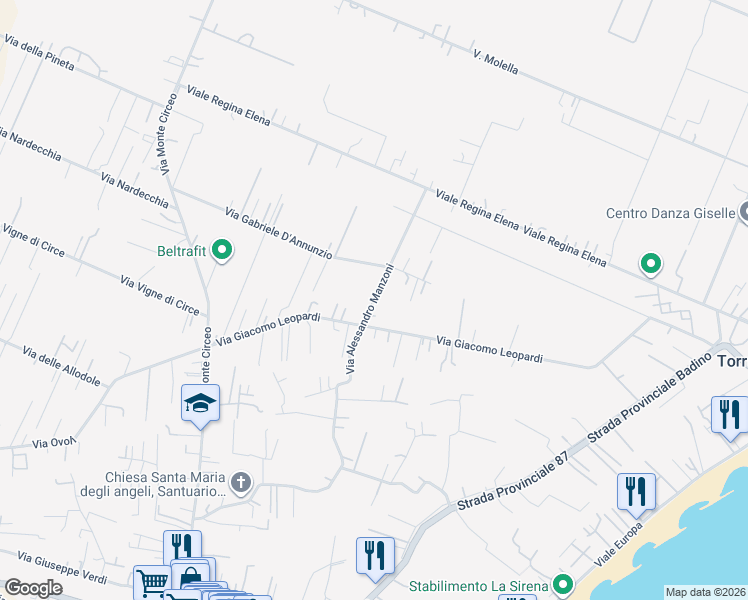 map of restaurants, bars, coffee shops, grocery stores, and more near 28 Via Alessandro Manzoni in Provincia di Latina