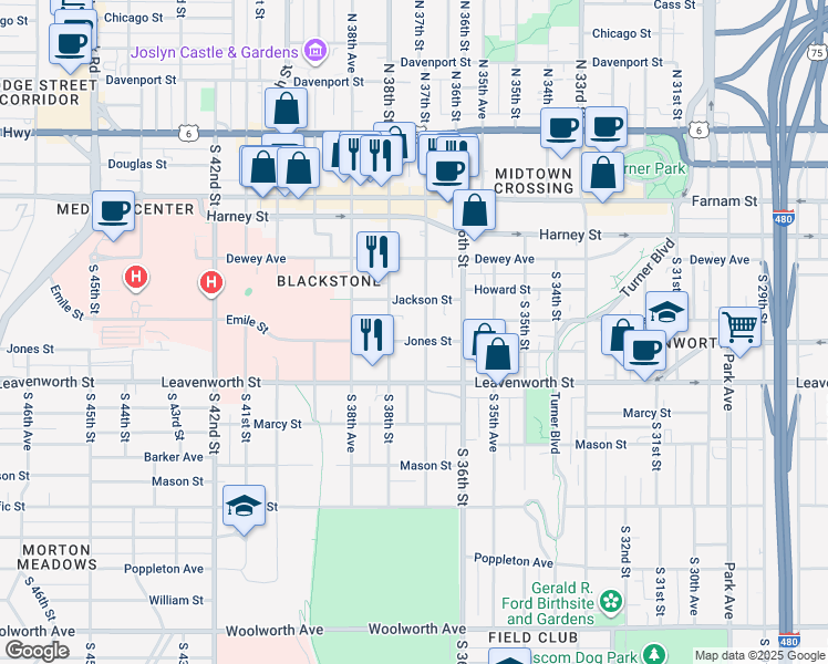 map of restaurants, bars, coffee shops, grocery stores, and more near 3706 Jones Street in Omaha