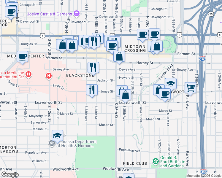 map of restaurants, bars, coffee shops, grocery stores, and more near 617 South 37th Street in Omaha