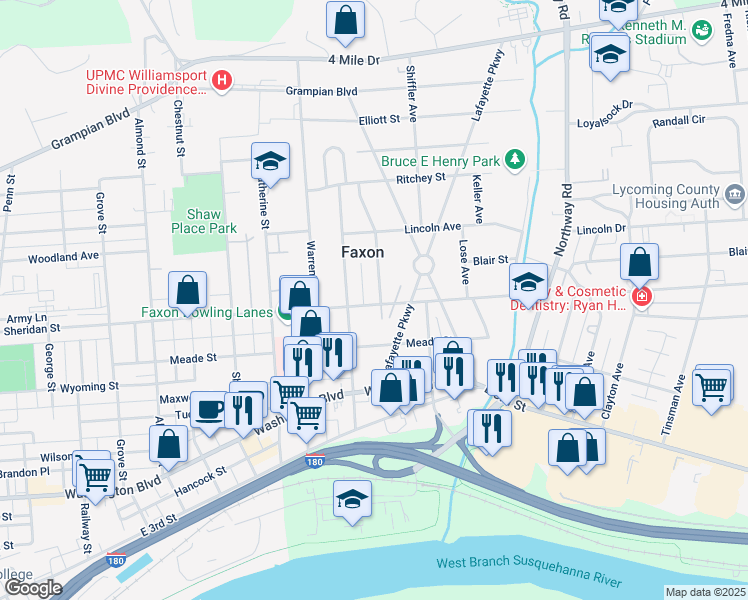 map of restaurants, bars, coffee shops, grocery stores, and more near 1301 Mansel Avenue in Williamsport