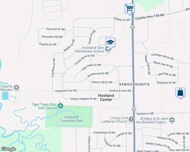 map of restaurants, bars, coffee shops, grocery stores, and more near 7948 Brookwood Street Northeast in Warren
