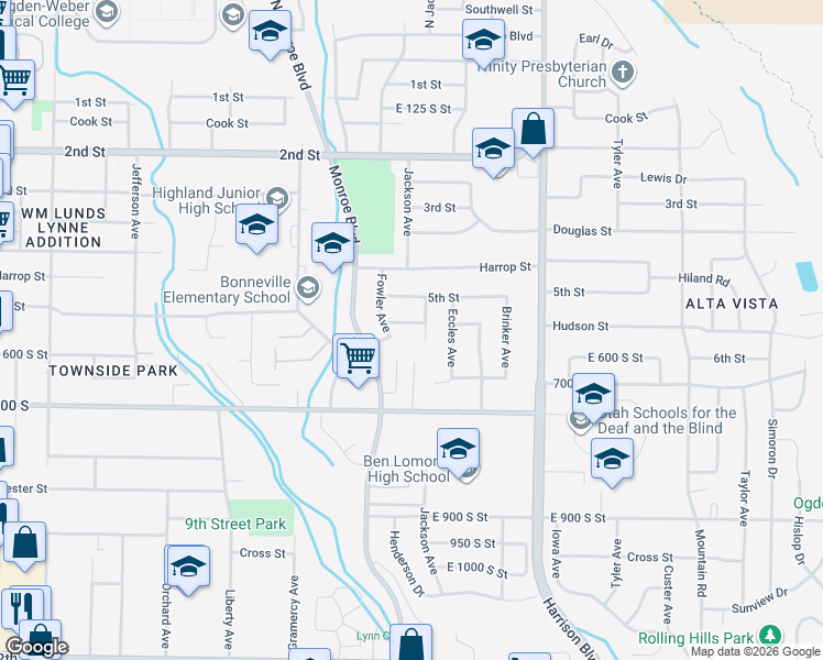 map of restaurants, bars, coffee shops, grocery stores, and more near 505 Jackson Avenue in Ogden
