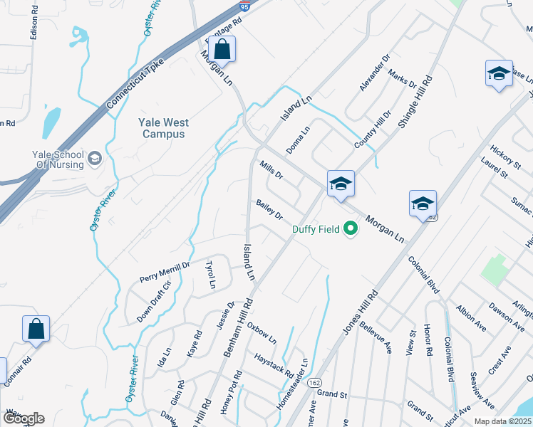 map of restaurants, bars, coffee shops, grocery stores, and more near 11 Bailey Drive in West Haven
