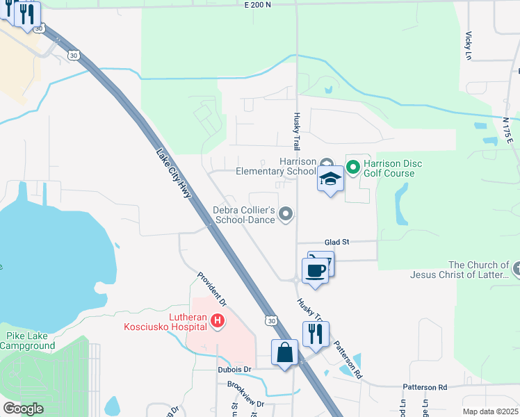 map of restaurants, bars, coffee shops, grocery stores, and more near 2180 North Pointe Drive in Warsaw