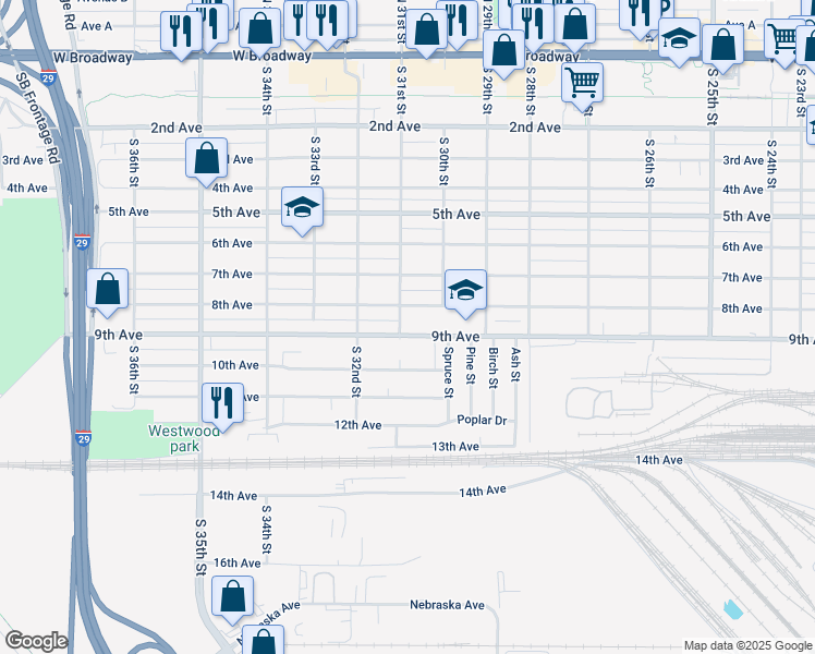 map of restaurants, bars, coffee shops, grocery stores, and more near 3020 8th Avenue in Council Bluffs