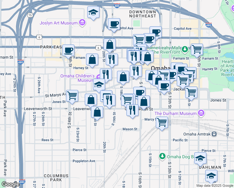map of restaurants, bars, coffee shops, grocery stores, and more near 1798 Jackson Street in Omaha
