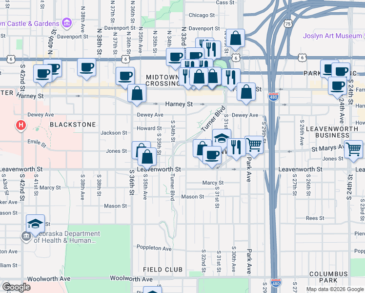 map of restaurants, bars, coffee shops, grocery stores, and more near 568 South 33rd Street in Omaha