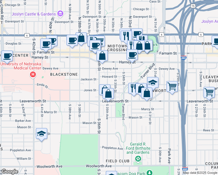 map of restaurants, bars, coffee shops, grocery stores, and more near 564 South 35th Street in Omaha