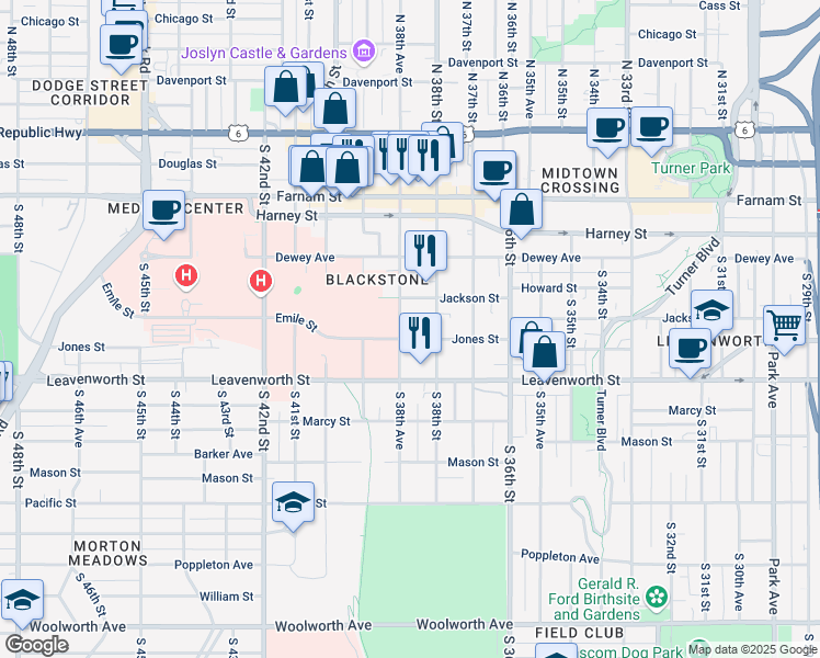 map of restaurants, bars, coffee shops, grocery stores, and more near 605 South 38th Avenue in Omaha