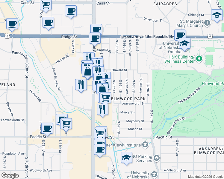 map of restaurants, bars, coffee shops, grocery stores, and more near 630 South 70th Street in Omaha