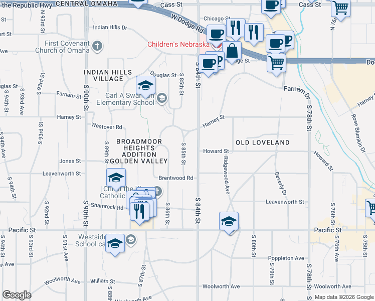 map of restaurants, bars, coffee shops, grocery stores, and more near 446 South 84th Street in Omaha