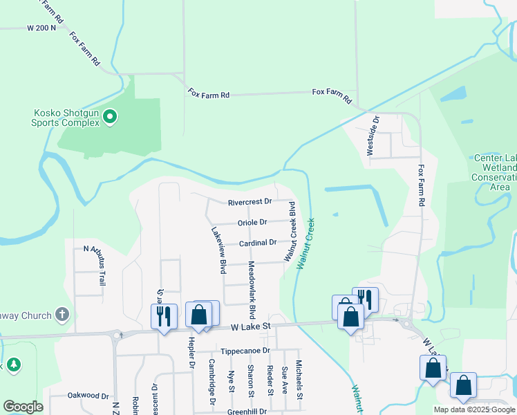 map of restaurants, bars, coffee shops, grocery stores, and more near 1316 Rivercrest Drive in Warsaw