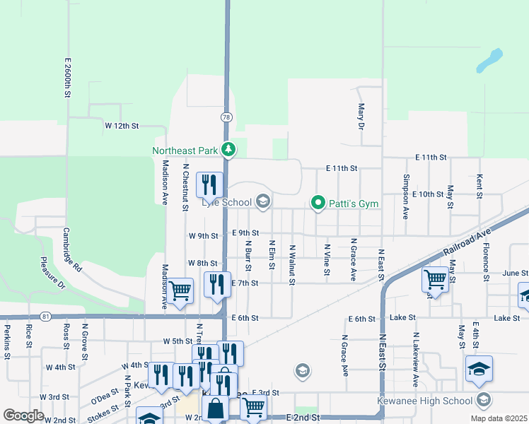 map of restaurants, bars, coffee shops, grocery stores, and more near 920 North Burr Street in Kewanee