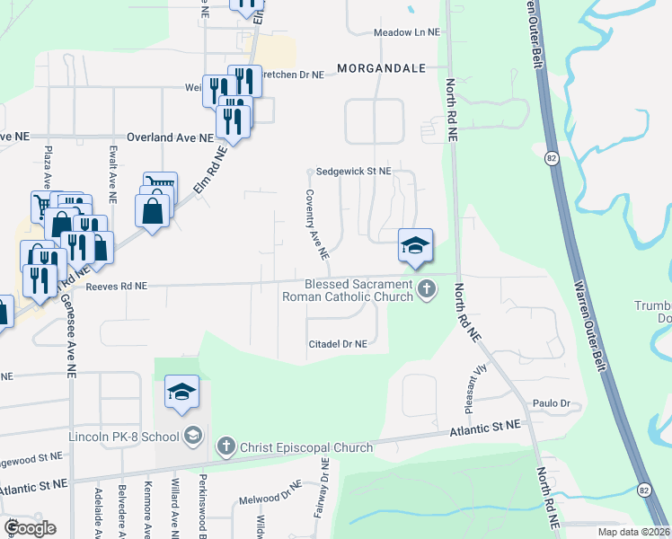 map of restaurants, bars, coffee shops, grocery stores, and more near 1658 Stonehenge Avenue Northeast in Warren