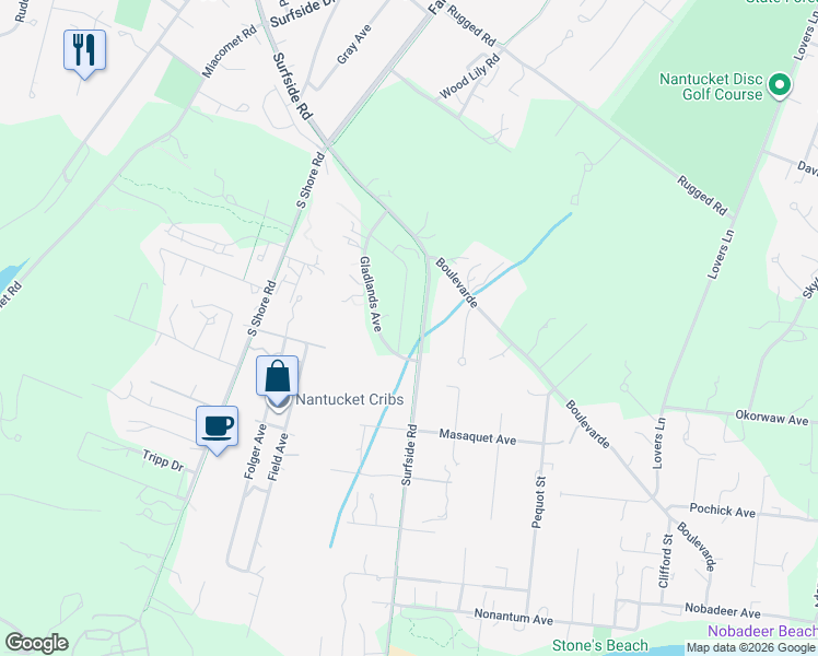 map of restaurants, bars, coffee shops, grocery stores, and more near 124 Surfside Road in Nantucket